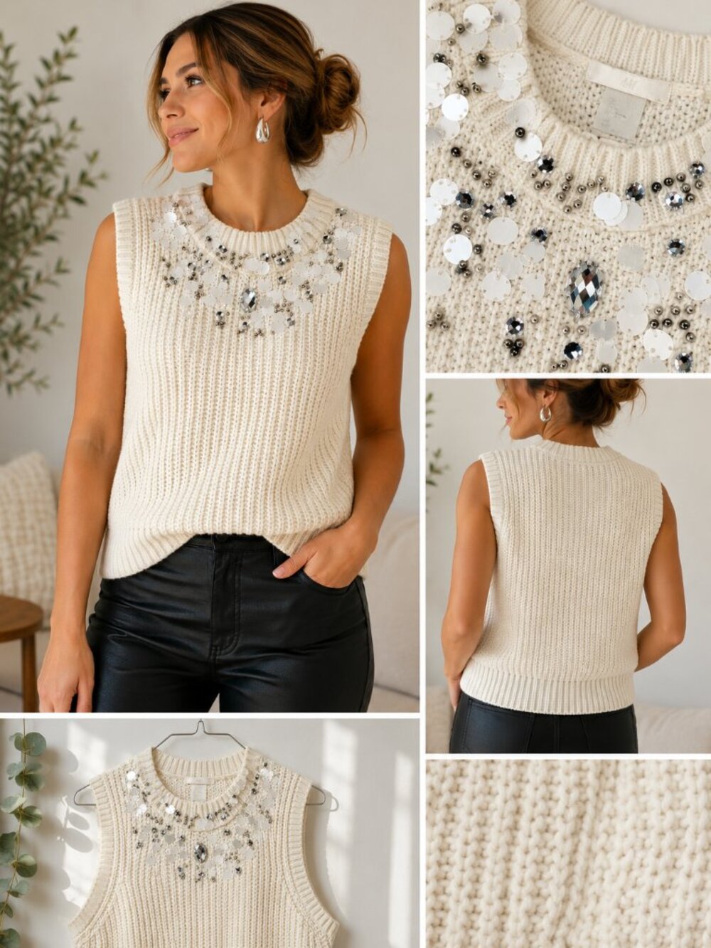 H&M Ivory Embellished Sleeveless Sweater Vest Sequins Rhinestones Size S